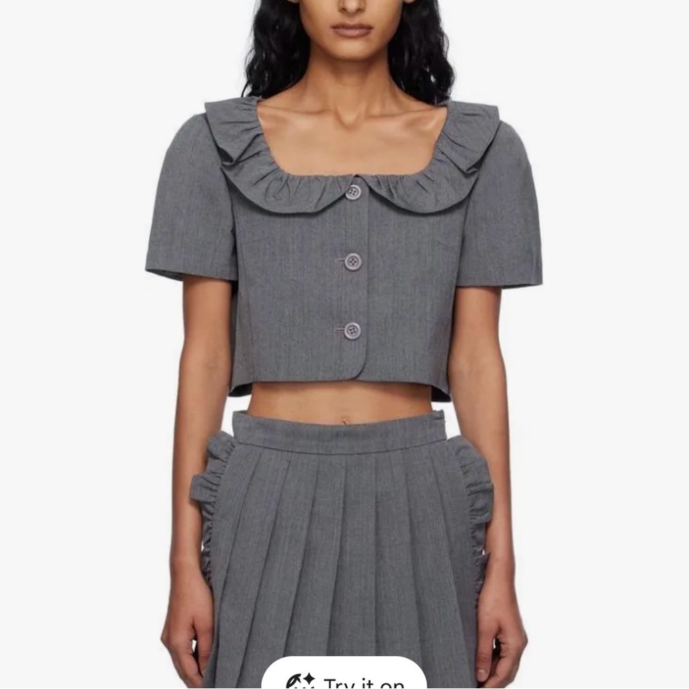 Pushbutton Ruffled Collar Cropped Jacket - Picture 2 of 3